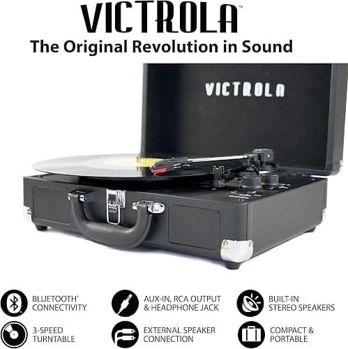 Victrola Vintage 3-Speed Bluetooth Portable Suitcase Record Player with Built-in Speakers | Upgraded Turntable Audio Sound| Includes Extra Stylus | Turquoise, Model Number: VSC-550BT-TQ - Turquoise thumbnail 4