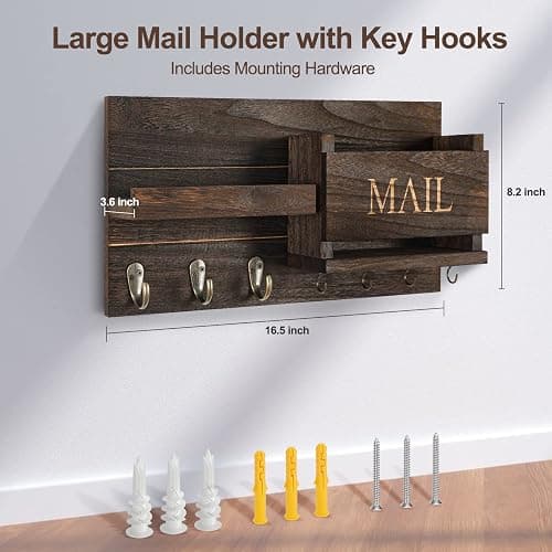 Lwenki Mail Organizer for Wall Mount – Key Holder with Shelf Includes Letter Holder and Hooks for Hallway Farmhouse Decor – Rustic Wood with Flush Mounting Hardware (16.5” x 9.1” x 3.4”) (Brown) thumbnail 2