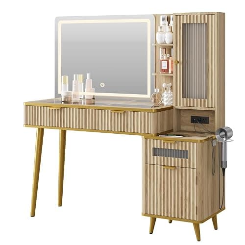 QUW Fluted Makeup Vanity Desk with Mirror and Lighits, 48" Modern Glass Top Vanity Table with Charging Station, Vanity Mirror with Adjustable Brightness, Dressing Table for Bedroom, Natural Oak - Image 1