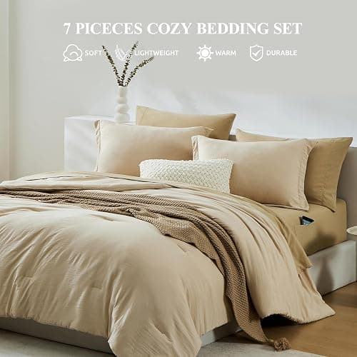 WRENSONGE Full Size Comforter Set- 7 Pieces Soft Beige Bed in a Bag Full with Fitted Sheet, Flat Sheet, 2 Pillow Shams, 2 Pillowcases, Warm Bedding Sets for All Season thumbnail 3