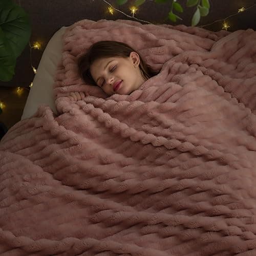 NEWCOSPLAY Super Soft Queen Blanket Pink Premium Silky Flannel Fleece 3D Ribbed Jacquard Lightweight Bed Blanket All Season Use (Pink Ribbed, Queen(90"x90")) thumbnail 4