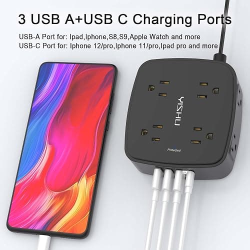 10 Ft Surge Protector Power Strip - YISHU 8 Widely Outlets with 4 USB Ports, 3 Side Outlet Extender with 10 Feet Flat Extension Cord, Ultra Flat Plug, Wall Mount, Desk USB Charging Station, ETL, Black thumbnail 3