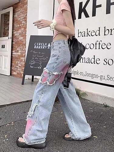 Y2K Baggy Ripped Jeans for Women – Wide Leg Butterfly Print & Star Patch Distressed Denim Pants High Waist Streetwear thumbnail 4