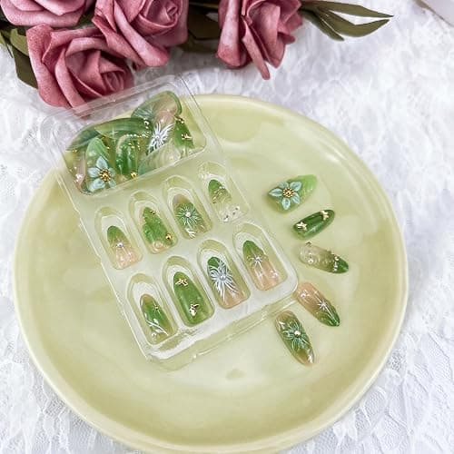 30pcs Green Press on Nails Medium Almond Fake Nails With 3D Flower Pearl Rhinestone Design Gold Beads Butterfly False Nails Star Glue on Nails 3D Summer Floral Full Cover Stick on Nails for Women thumbnail 5