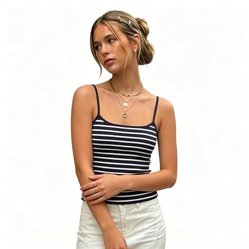 Women Stripe Print Cami Top Y2k Spaghetti Strap Backless Crop Tank Aesthetic Sleeveless Slim Fit Going Out Tops thumbnail 3