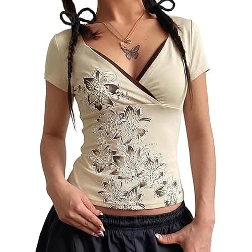 Fairy Grunge Cottagecore Top 2000s Mcbling Graphic Teen Girls Clothes Y2k V Neck Floral Whimsy Twee Shirt Women - Image 1