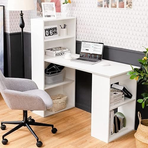 COSTWAY 122cm Computer Desk, Wooden PC Laptop Table Writing Workstation with 6-Tier Storage Bookshelves, Modern Home Office Working Study Desk (White) thumbnail 8