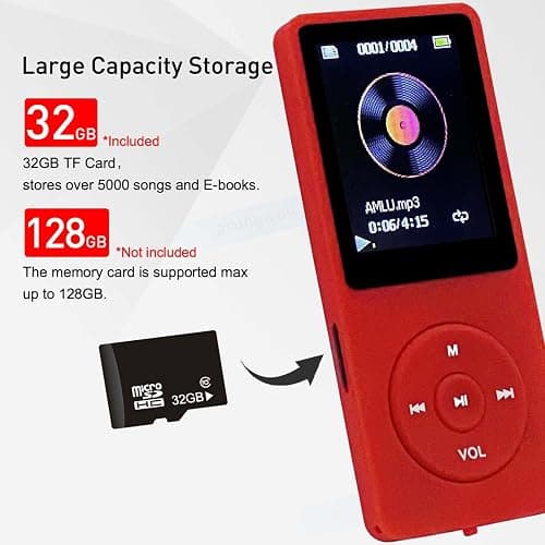 MP3 Player 32GB with Speaker Earphones Portable Music Player for Kids Support FM Radio Voice Recorder E-Book Support up to 128GB Red thumbnail 6