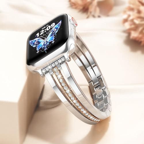 KOREDA Slim Gold Band Compatible for Apple Watch Band 38mm 40mm 41mm 42mm 44mm 45mm 46mm 49mm Series 11 10 9 8 7 SE Ultra Women, Thin Metal Dressy Jewelry Bracelet with Bling Diamond for iWatch Series 6/5/4/3/2/1 thumbnail 2