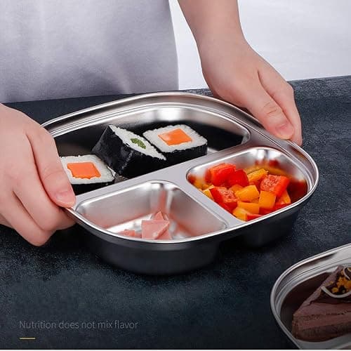 AIYoo Set of 2 Stainless Steel Dinner Plates 4 Sections Divided Platter Dinner Tray - Lightweight Metal Plate for Adults and Campers, Portion Control Bariatric Weight Loss and Diabetic Diet Plates thumbnail 6