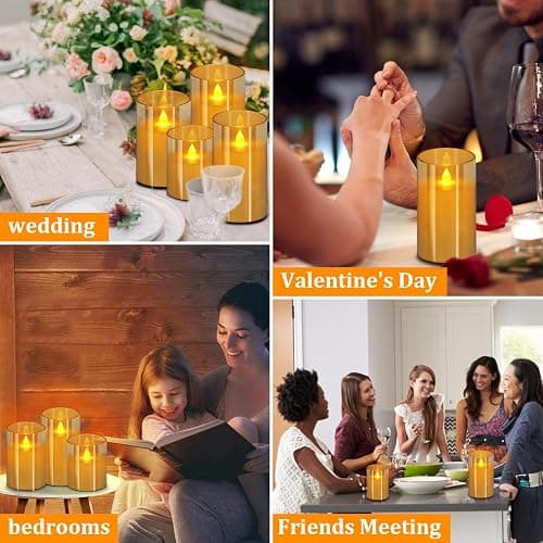 wemarry Flameless Candles 4" 5" 6" Acrylic Glass Pillars 3" Diameter Battery Operated Flickering Candles Include 8-Key Remote with Timer Function 400+ Hours (Amber, Warm Light 6 Pack) thumbnail 4