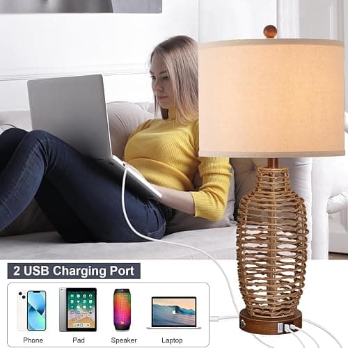 YIMNOVP Rattan Table Lamps Set of 2 Wicker Lamps 3 Way Dimmable Touch Control Farmhouse Rustic Coastal Lamps with USB Port for Bedroom Living Room Office (LED Bulbs Included) thumbnail 5