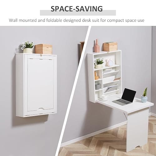 HOMCOM Wall Mounted Fold Out Convertible Desk, Multi-Function Floating Desk with Storage Shelf for Home Office, White thumbnail 4