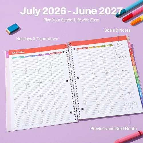 SUNEE Elementary Student Planner 2026-2027, Academic Year Jul. 2026 - Jun. 2027, 8.5"×11" School Planner, Weekly & Monthly Lesson Datebooks with 3-Hole Punched/Bookmark/Monthly Tabs, Colorful Balloon thumbnail 3