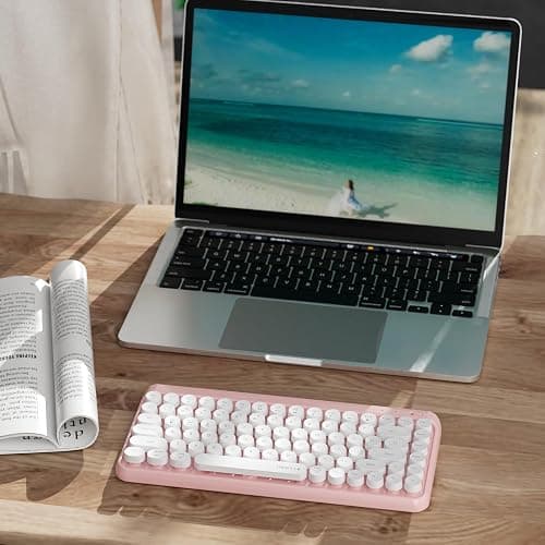 UBOTIE Wireless Bluetooth Keyboard, Portable 84-Key with Cute Retro Round Keycaps, Ergonomic Typewriter Keyboards Compatible with Windows, Android, MAC (Pink-White) thumbnail 6