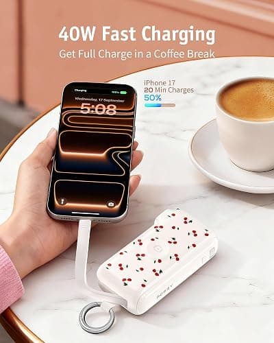 RORRY Flow Portable Charger, 10000mAh 40W Fast Charging Power Bank with Built-in USB C Cable and Foldable Wall Plug, Battery Pack Travel Essentials for iPhone 17/16/15, Apple Watch, iPad, MacBook thumbnail 4