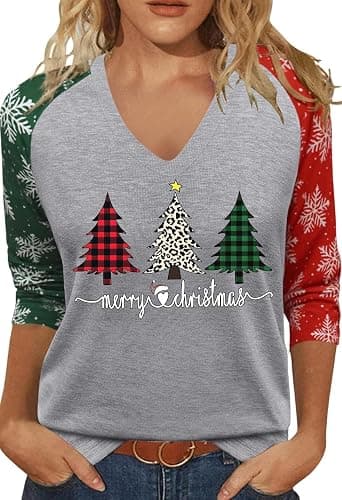 Earlymemb Women Christmas 3/4 Sleeve V Neck Shirt Funny Xmas Party Tee | Christmas V Neck Shirt Funny Xmas Graphic 3/4 Sleeve Tee Winter Holiday Family Matching Tops Blouse - Image 1