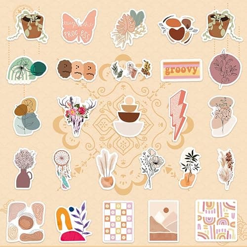 Amitorfo 100pcs Boho Aesthetic Stickers for Water Bottles & Laptops – Waterproof PVC, 5–7 cm – Retro Rainbow, Floral, Line Art & Sun Decals – Cute VSCO Vinyl Stickers for Teens, Students & Adults thumbnail 7