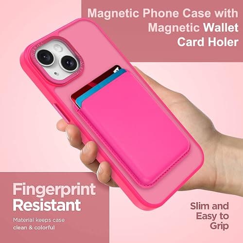 MOWIME Magnetic Designed for iPhone 14 Case 6.1" 2022, Hot Pink | [Compatible with Magsafe] [with Wallet & Card Holder] [Military Drop Protection] Slim Translucent Matte Phone Case thumbnail 3