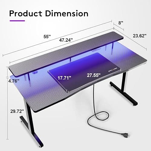 GTRACING 55 Inch Gaming Desk with LED Lights & Power Outlet, Computer Gamer Desk with Monitor Stand, Ergonomic Carbon Fiber Gaming Table Home Office Desk with Headphone Hook & Mouse Pad - Black thumbnail 2