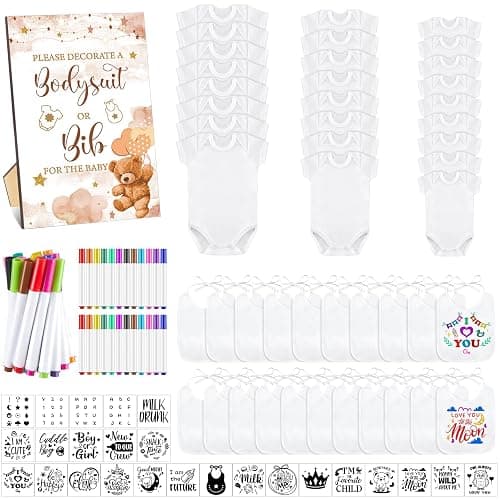 Panitay 100 Pcs Blank Bib Bodysuit Baby Shower Set Baby Shower Sign Blank Feeder Bib DIY Bodysuit Fabric Colorful Marker(Brown Bear) - Image 1