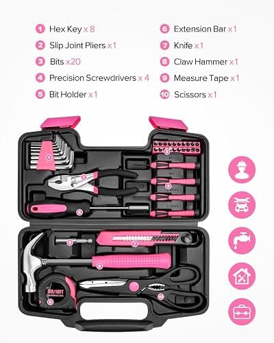 39pcs Pink Household Tool Set, Essential Hand Tool Kit with Plastic Toolbox for Home Repairs, DIY & Crafts, Perfect for Students & Everyday Use thumbnail 2