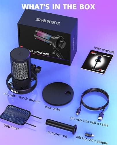 NJSJ USB Microphone for PC, Gaming Mic for PS4/ PS5/ Mac/Phone,Condenser Microphone with Touch Mute, RGB Lighting,Gain knob & Monitoring Jack for Streaming,Podcasting (with Desktop Stand, Black) thumbnail 7
