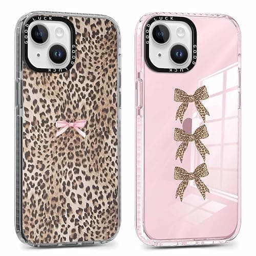 RUMDEY 2 Pack Cute Cheetah Print Phone Case for iPhone 13 / iPhone 14 Pink Bow Case 6.1", Clear Coquette Fashion Luxury Leopard Pattern Design Girls Women Funda Shockproof Soft TPU Protection Cover - Image 1