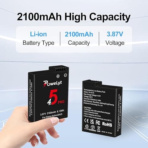 PoweLyt Osmo 360/Action 6/5 Pro/4/3 Battery 2 Packs 3.87V 2100mAh Osmo Action 5 Pro Batteries and 3 Channels Charging Station Compatible with DJI Osmo Action 6/Action 5 Pro/Action 4/Action 3,Osmo 360 thumbnail 3