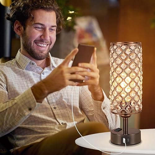 Hong-in Crystal Table Lamp Touch Control Set of 2, 3-Way Black Crystal Lamps with USB C+A Ports & AC Outlet, Dimmable Nightstand Desk Lamps,Modern Bedside Table Lamp for Bedroom(Bulbs Included) thumbnail 6