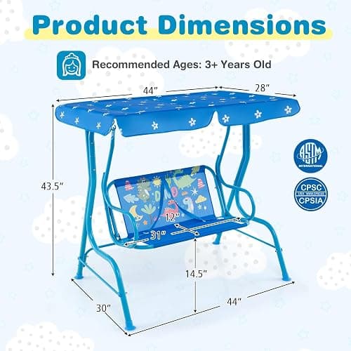 Costzon Kids Porch Swing, All-Weather Patio Swing Bench Hammock w/Adjustable Canopy & Safety Belts for 2 Children, Outdoor Swing for Backyard Garden Balcony Poolside (Blue, Dinosaur) thumbnail 3