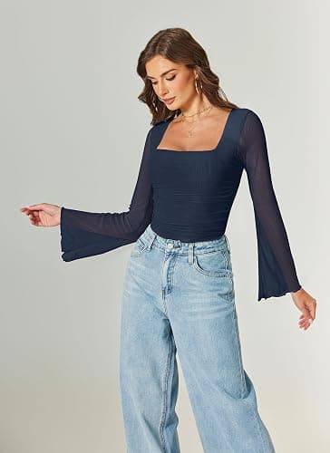 Avidlove Bodysuits for Women Long Bell Sleeve Mesh Square Neck Body Suits Going Out Ruched Bodysuit Tops Concert Outfits thumbnail 2