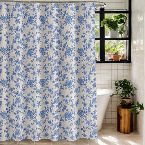 MUGINYU Blue Vintage Floral Linen Shower Curtain-Toile Cottage Core Farmhouse Country Neutral Botanical Bath Curtain for Bahtroom Decor 72x72inch thumbnail 8