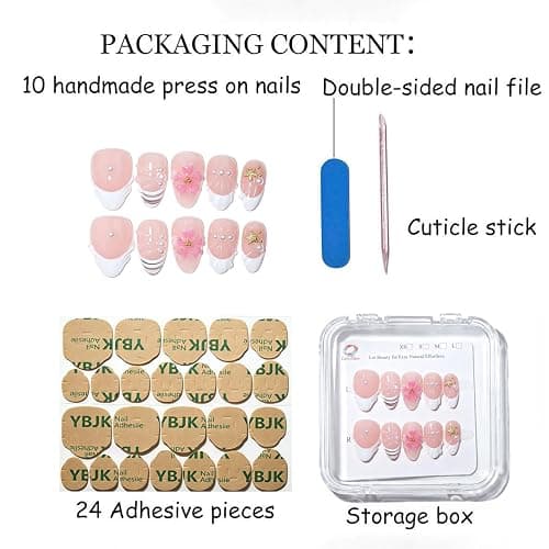 Handmade Short Almond French Press On Nails,Reusable&Salon Quality(1TA04,M) | 10Pcs BTMMA Daily & Party Fake Nails;Easy Apply & Remove;Ocean French Style with 3D Flower, Starfish & Pearl Accents thumbnail 5