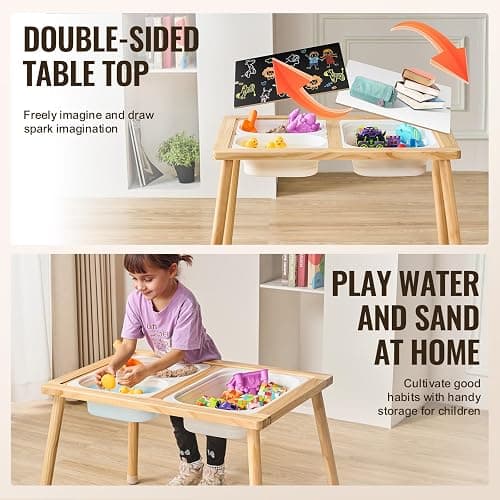 VEVOR Sensory Table for Toddlers, Kids Activity Table with 3 Foldable Storage Bins & Double-Sided Board, Indoor/Outdoor Play Sand and Water, Wooden Kids Sensory Table for Drawing Studying Dining thumbnail 5