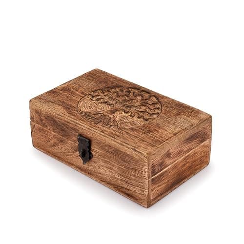 Samhita Handmade Mango Wood Tree of Life Engraving Beautifully Keepsake Box Jewellery Organiser Unique Gift Ideas for Men & Women (Flame Work Finish) - Image 1