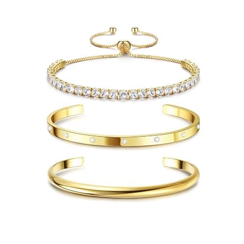 Fansilver 14K Gold Bracelets for Women Trendy Bangle Cuff Chain Bracelets Set Gold Plated Paperclip Bead Tennis Bracelet Chunky Gold Filled Bracelet Stack 3/4PCS - Image 1