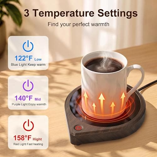 COANTO Coffee Mug Warmer for Desk, Electric Beverage Warmer with 3 Temperature Settings, 4H Auto Shut Off, Coffee Cup Warmer Plate for Flat-Bottom Mugs, Coffee Tea Cocoa Warmer, Wood Grain thumbnail 3