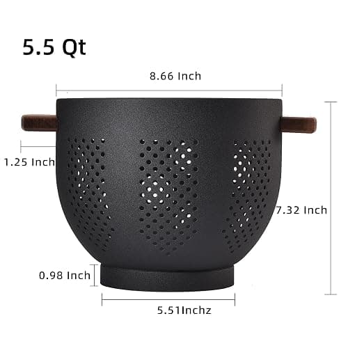 Metal Colander with Wood Handle and Stable Base, Powder Coated Steel Kitchen Strainer Basket for Draining Pasta, Vegetable and fruit(5.5quart,Matte Black) thumbnail 3