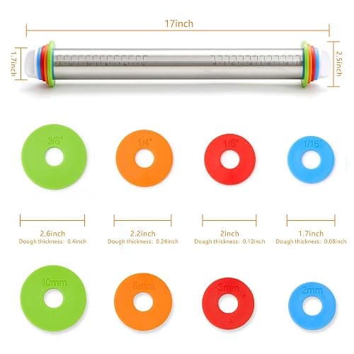 Rolling Pin with Thickness Rings, Fulimax 17" Adjustable Stainless Steel Rolling Pins for Baking, Dough Roller for Fondant Pizza, Pie, Pasta, Cookies, Cakes, Kitchen Baking Supplies thumbnail 3