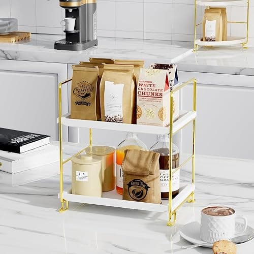 FSyueyun 2-Tier Bathroom Countertop Organizer, Tool-Less Installation Premium Plastics Makeup Shelf Organizer Perfume Skincare for Dresser Vanity Tray Organizers and Storage (Gold) thumbnail 5