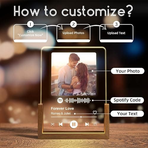 LUCKOR Personalized Christmas Birthday Gifts for Men Women, Custom Anniversary Spotify Plaque Gifts for Boyfriend Girlfriend Couple, Customized LED Walnut Picture Frame for Her Him Friends thumbnail 4
