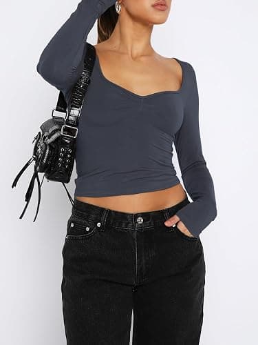 ForeFair Women's Sexy Long Sleeve Going Out Tops Pleated Bustier Shirt Cute Sweetheart Neck Y2K Cropped Top thumbnail 5