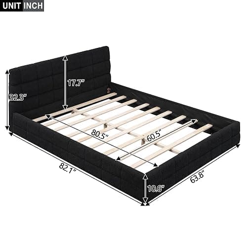 SOFTSEA Queen Size Upholstered Platform Bed Frame, Fleece Fabric Floor Platform Bed with Soft Headboard, Queen Grounded Bed Frame with Wood Slats for Kids Teens Adults, Easy Assembly (Black) thumbnail 2