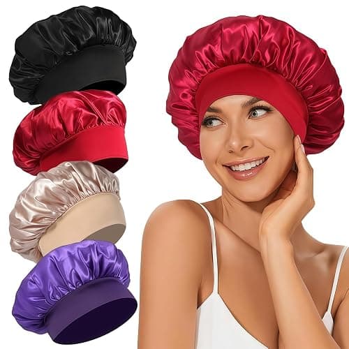 4Pcs Satin Bonnet Silk Bonnet, Hair Bonnet for Sleeping, Elastic Wide Band Silk Sleep Cap, Soft and Breathable (Black Red Purple Gold) - Image 1