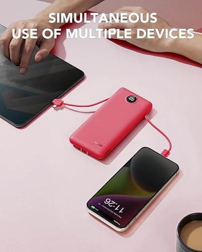 Portable Charger Built-in Cables and AC Wall Plug, VRURC USB C Power Bank 10000mAh, Travel Battery Portable Phone Charger Compact Lightweight External Battery Pack for SmartPhones,Tablets-Viva Magenta thumbnail 6