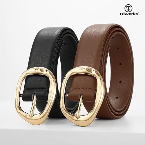 TRIWORKS 2 Pack Leather Belts for Women Fashion Waist Belt with Liquid Shapes Women Belt for Jeans Pants Dresses thumbnail 2