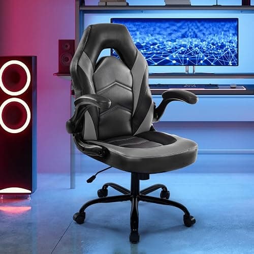 DUMOS Gaming Ergonomic Office Chair for Adults, Height Adjustable Computer Desk Chair with Flip-up Armrests, PU Leather Swivel Video Game Chair with 360° Rolling Wheels, Grey thumbnail 2