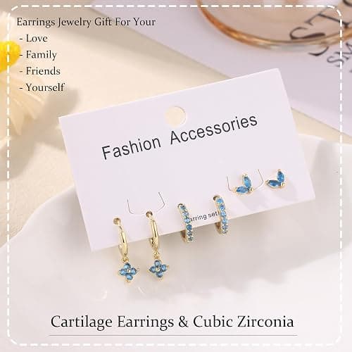 MOZAKA 3 Pairs Dainty Gold/Silver Three Hole Birthstone Earrings Set for Multiple Piercing Non Tarnish 14k Gold Plated Hypoallergenic Cartilage Small Hoop Stud Earrings Stacks Set for Women Birthday Gifts thumbnail 6