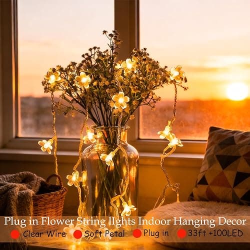 Decorative 100 LED Warm White Cute Cherry Blossom Flower Fairy Light String | 33ft Plug in Yellow Floral Lamp for Bedroom, Wall, Window, Garden, Christmas, Wedding Party, Birthday Banner Hanging Decor thumbnail 4